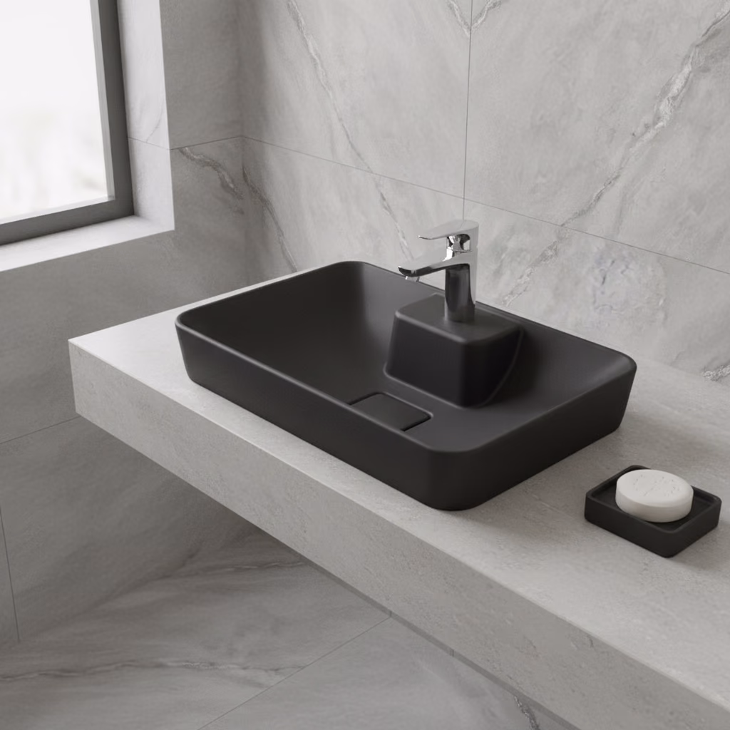 Kale Zero 2.0 60x40 Cm Ada Armatür Bantlı Mat Siyah Dikdörtgen Çanak Lavabo 2