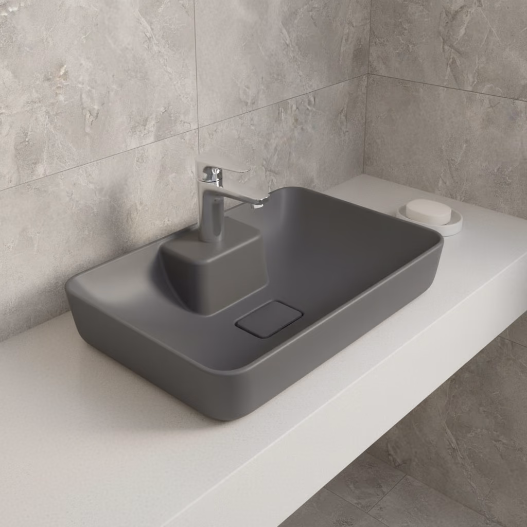 Kale Zero 2.0 60x40 Cm Ada Armatür Bantlı Mat Antrasit Dikdörtgen Çanak Lavabo 2