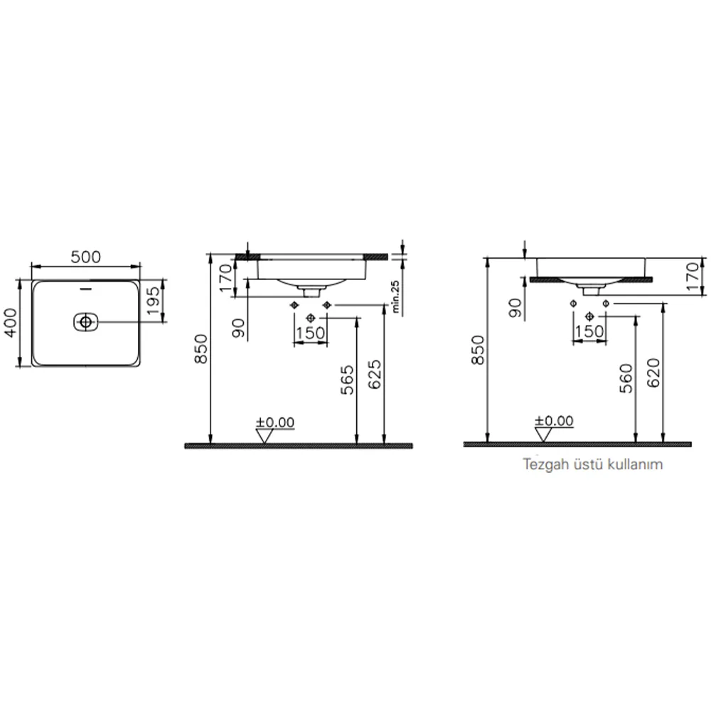 Vitra Metropole 50x40 Cm Mat Taş Gri Çanak Lavabo 2