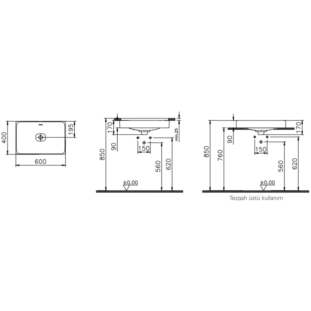 Vitra Metropole 60x40 Cm Mat Taş Gri Çanak Lavabo 2