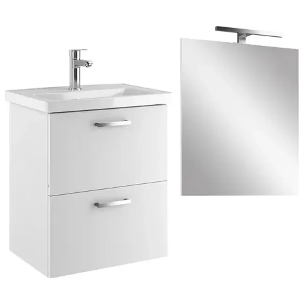 Kale Noa 55 Cm Beyaz Çift Çekmeceli Banyo Dolabı Seti (Lavabo + Sifon + Ayna) - 310300104638