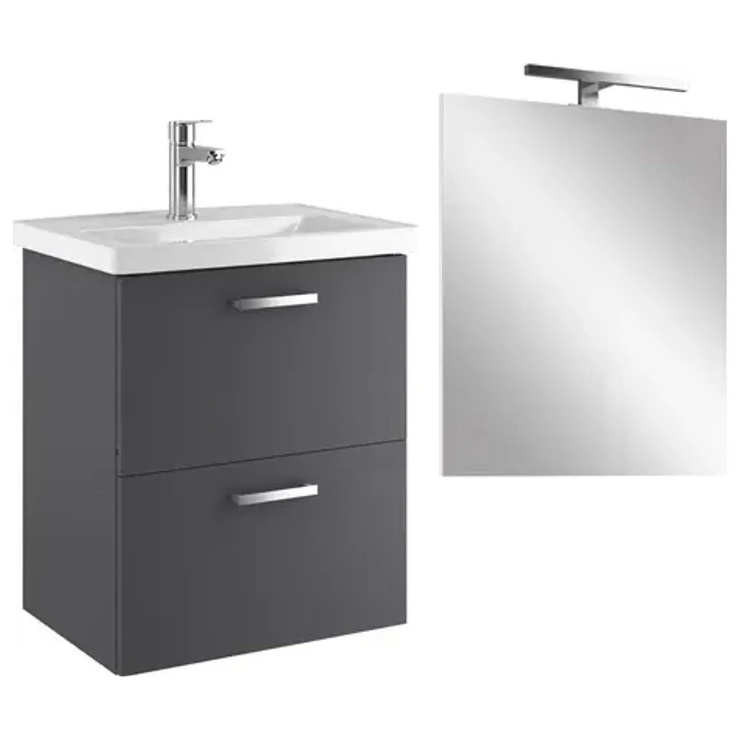 Kale Noa 55 Cm Antrasit Çift Çekmeceli Banyo Dolabı Seti (Lavabo + Sifon + Ayna) - 310300104642