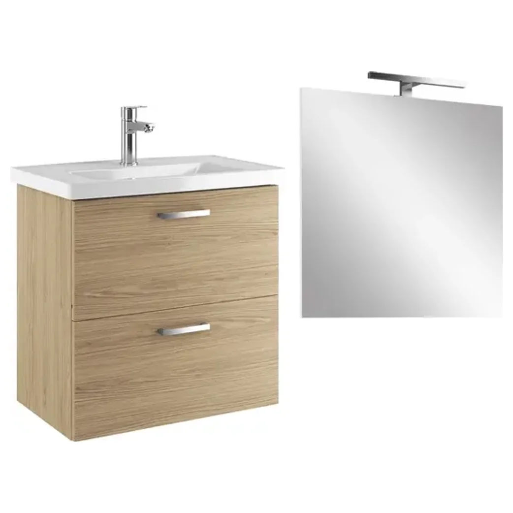 Kale Noa 65 Cm Meşe Çift Çekmeceli Banyo Dolabı Seti (Lavabo + Sifon + Ayna) - 310300104645