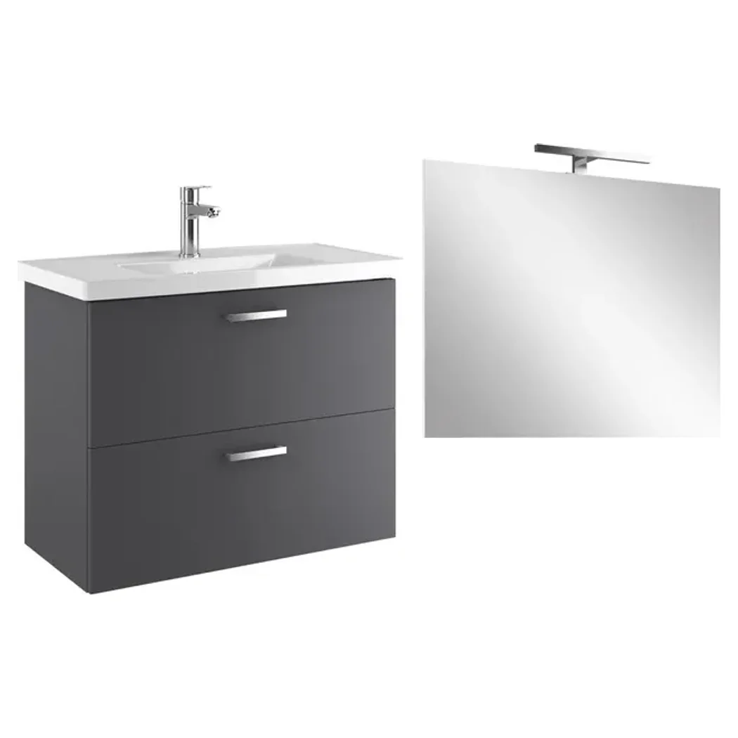 Kale Noa 80 Cm Antrasit Çift Çekmeceli Banyo Dolabı Seti (Lavabo + Sifon + Ayna) - 310300104661