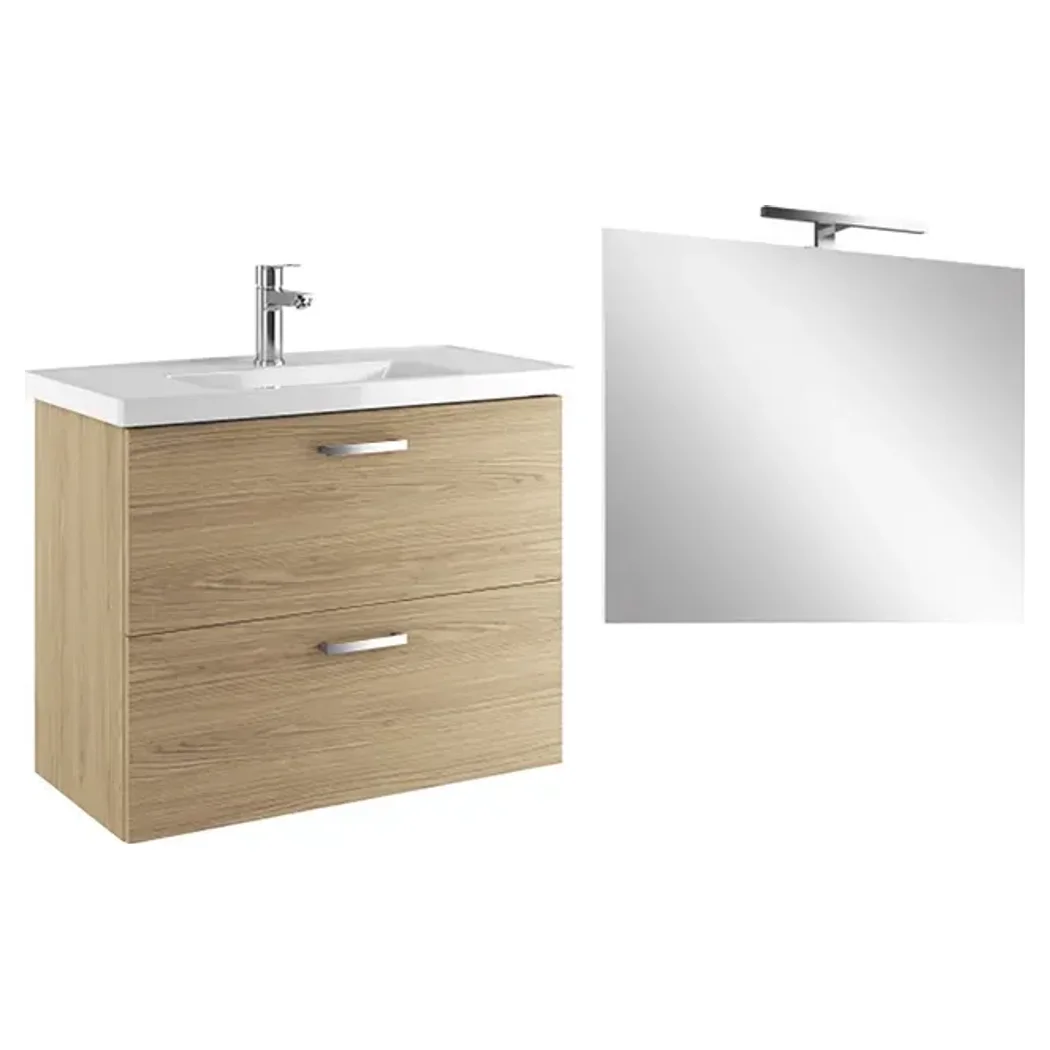 Kale Noa 80 Cm Meşe Çift Çekmeceli Banyo Dolabı Seti (Lavabo + Sifon + Ayna) - 310300104662