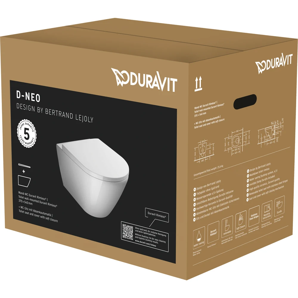 Duravit D-Neo Rimless 37x54 Cm Beyaz Parlak Asma Klozet Takımı - 45773900A1 2