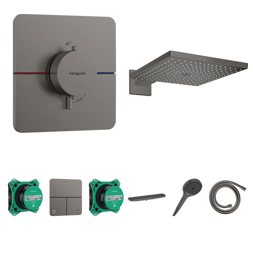 Hansgrohe ShowerSelect Comfort Q Mat Siyah-Krom 3 Çıkış Ankastre Duş Seti - Raindance E 300 + Duş Rafı
