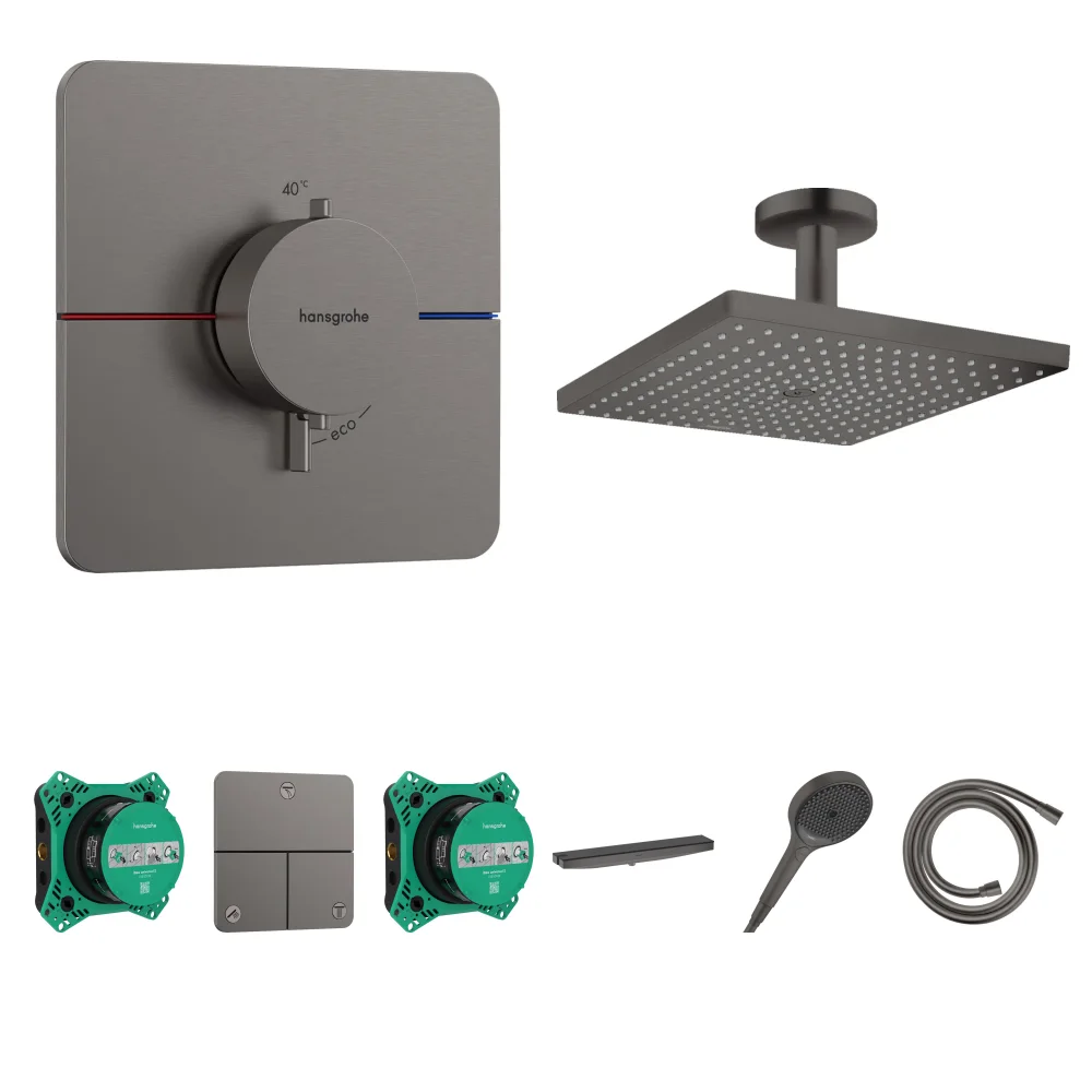 Hansgrohe ShowerSelect Comfort Q Mat Siyah-Krom 3 Çıkış Ankastre Duş Seti - Raindance E 300 Tavan + Duş Rafı