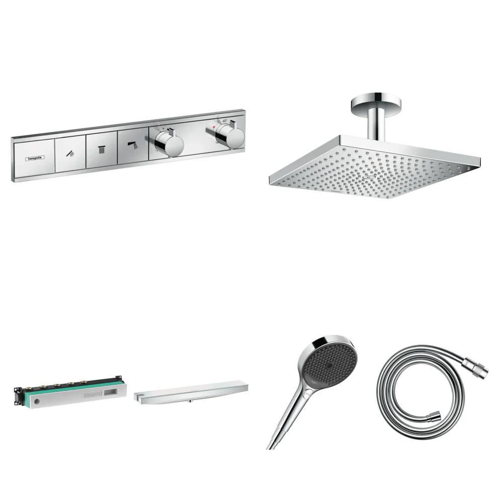 Hansgrohe RainSelect 3 Çıkış Ankastre Duş Seti - Raindance E 300 Tavan + Duş Rafı