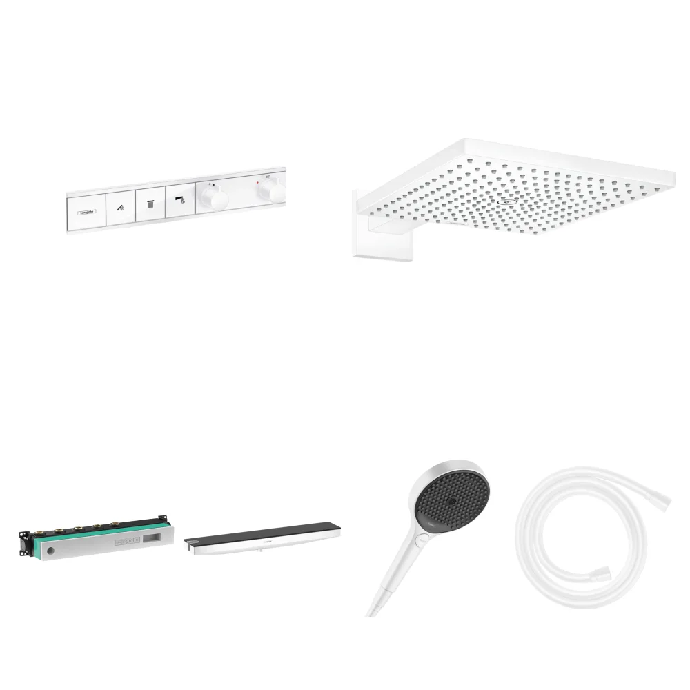 Hansgrohe RainSelect Mat Beyaz 3 Çıkış Ankastre Duş Seti - Raindance E 300 + Duş Rafı