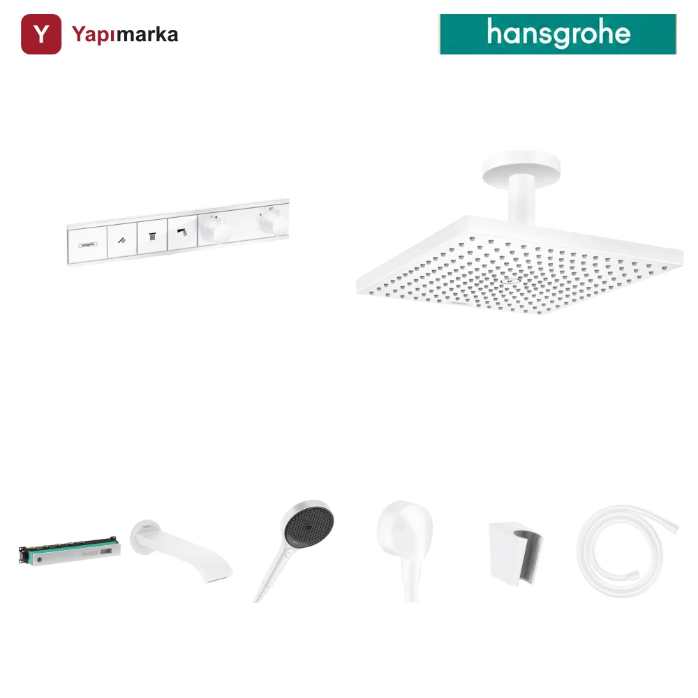 Hansgrohe RainSelect Mat Beyaz 3 Çıkış Ankastre Duş Seti - Raindance E 300 Tavan + Finoris Küvet Gagası