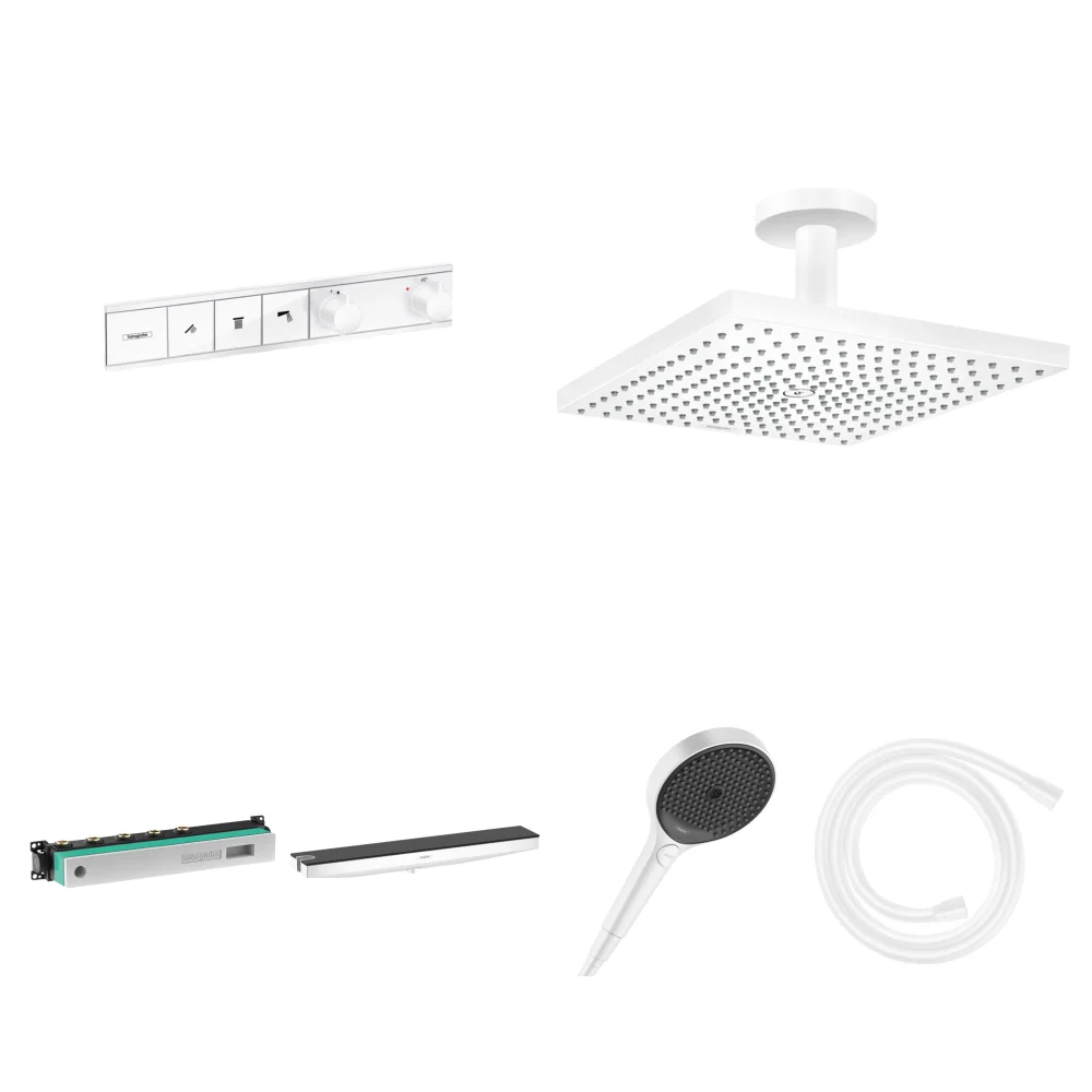 Hansgrohe RainSelect Mat Beyaz 3 Çıkış Ankastre Duş Seti - Raindance E 300 Tavan + Duş Rafı