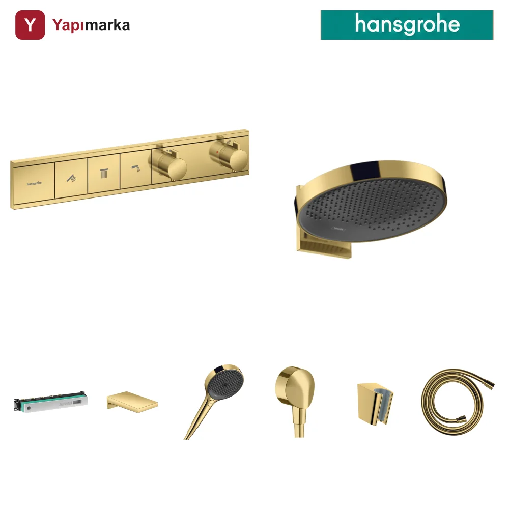 Hansgrohe RainSelect Cilalı Altın 3 Çıkış Ankastre Duş Seti - Rainfinity 360 + Metropol Küvet Gagası