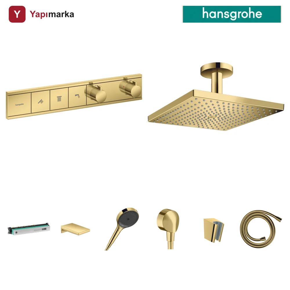 Hansgrohe RainSelect Cilalı Altın 3 Çıkış Ankastre Duş Seti - Raindance E 300 Tavan + Metropol Küvet Gagası