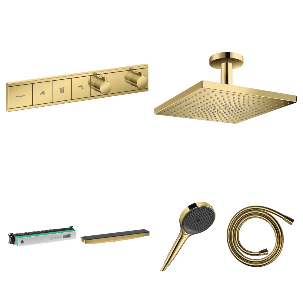 Hansgrohe RainSelect Cilalı Altın 3 Çıkış Ankastre Duş Seti - Raindance E 300 Tavan + Duş Rafı