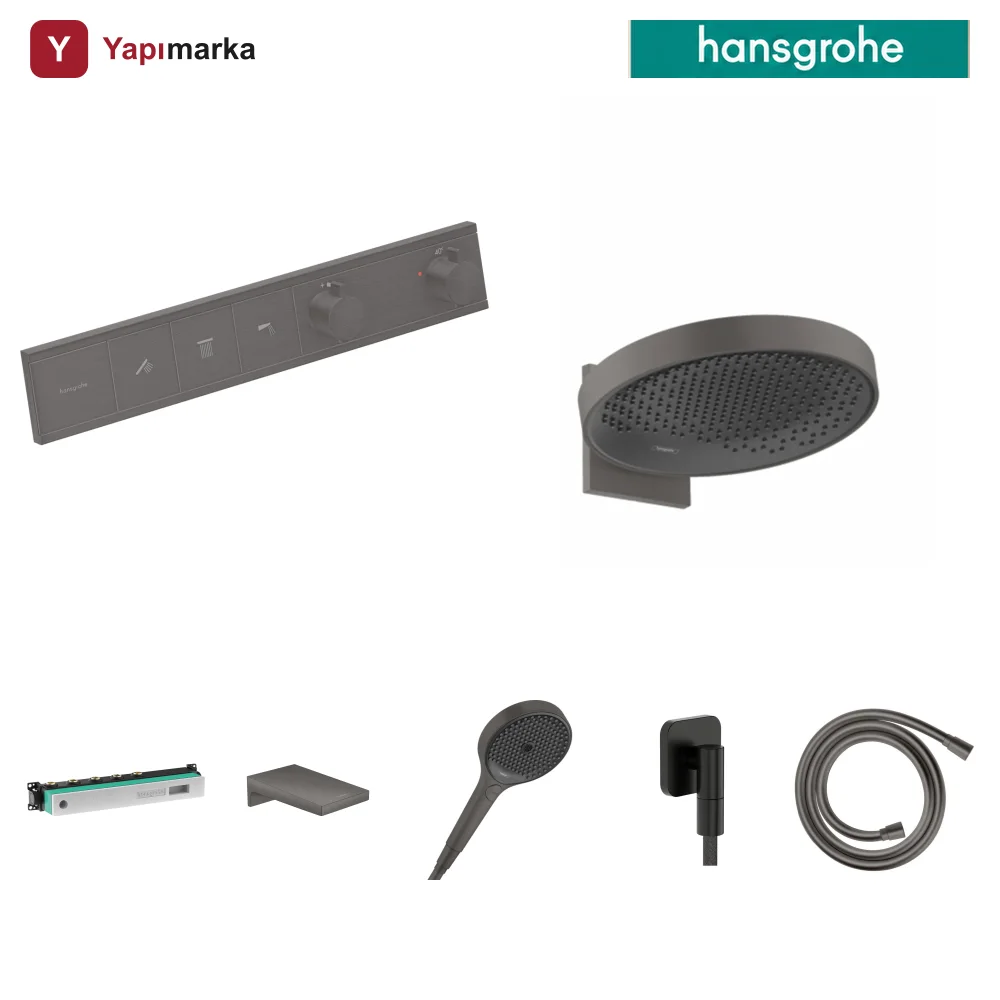 Hansgrohe RainSelect Mat Siyah-Krom 3 Çıkış Ankastre Duş Seti - Rainfinity 360 + Metropol Küvet Gagası