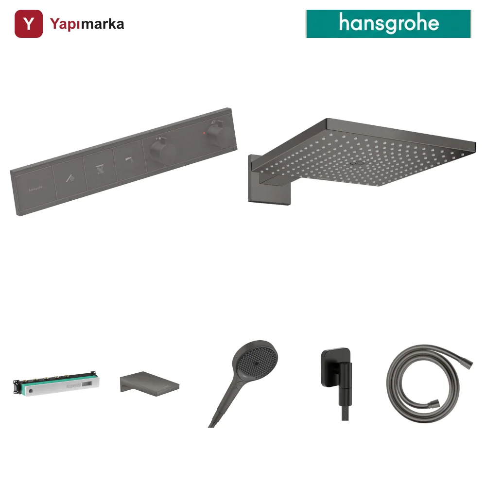 Hansgrohe RainSelect Mat Siyah-Krom 3 Çıkış Ankastre Duş Seti - Raindance E 300 + Metropol Küvet Gagası