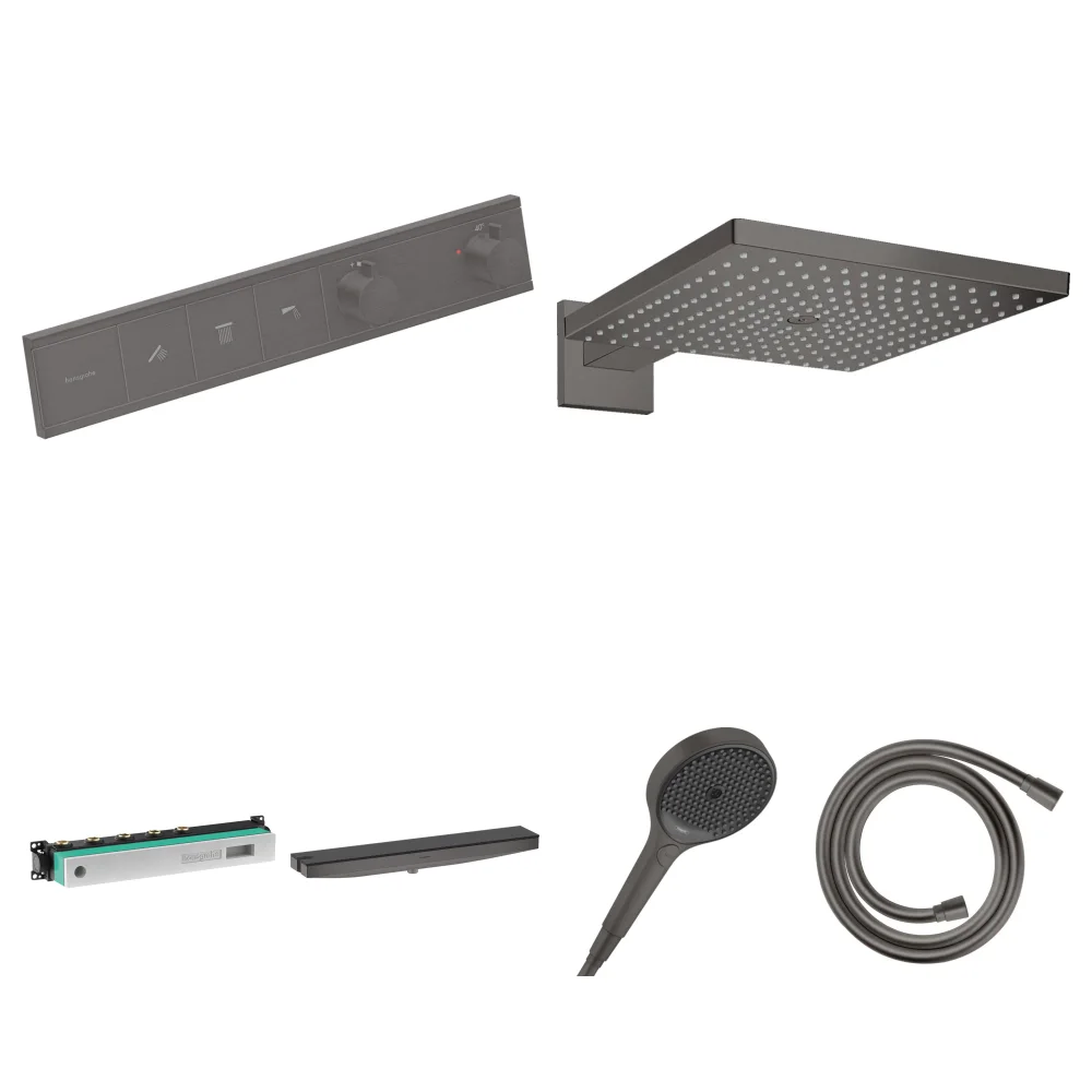 Hansgrohe RainSelect Mat Siyah-Krom 3 Çıkış Ankastre Duş Seti - Raindance E 300 + Duş Rafı