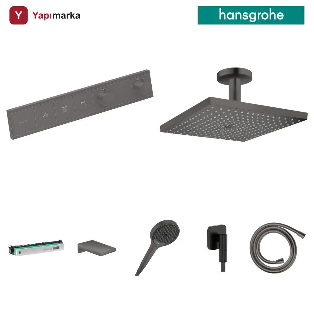 Hansgrohe RainSelect Mat Siyah-Krom 3 Çıkış Ankastre Duş Seti - Raindance E 300 Tavan + Metropol Küvet Gagası