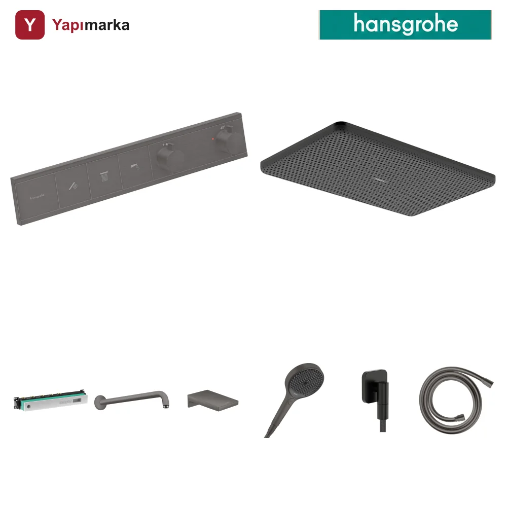 Hansgrohe RainSelect Mat Siyah-Krom 3 Çıkış Ankastre Duş Seti - Raindance Alive Q + Metropol Küvet Gagası