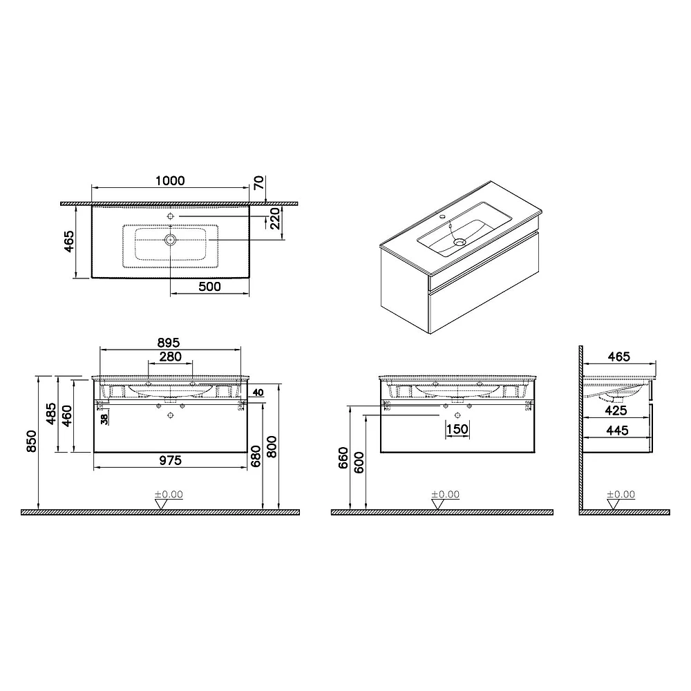 Vitra Mia Plus Square 100 Cm Altın Meşe Tek Çekmeceli Lavabo Dolabı 2