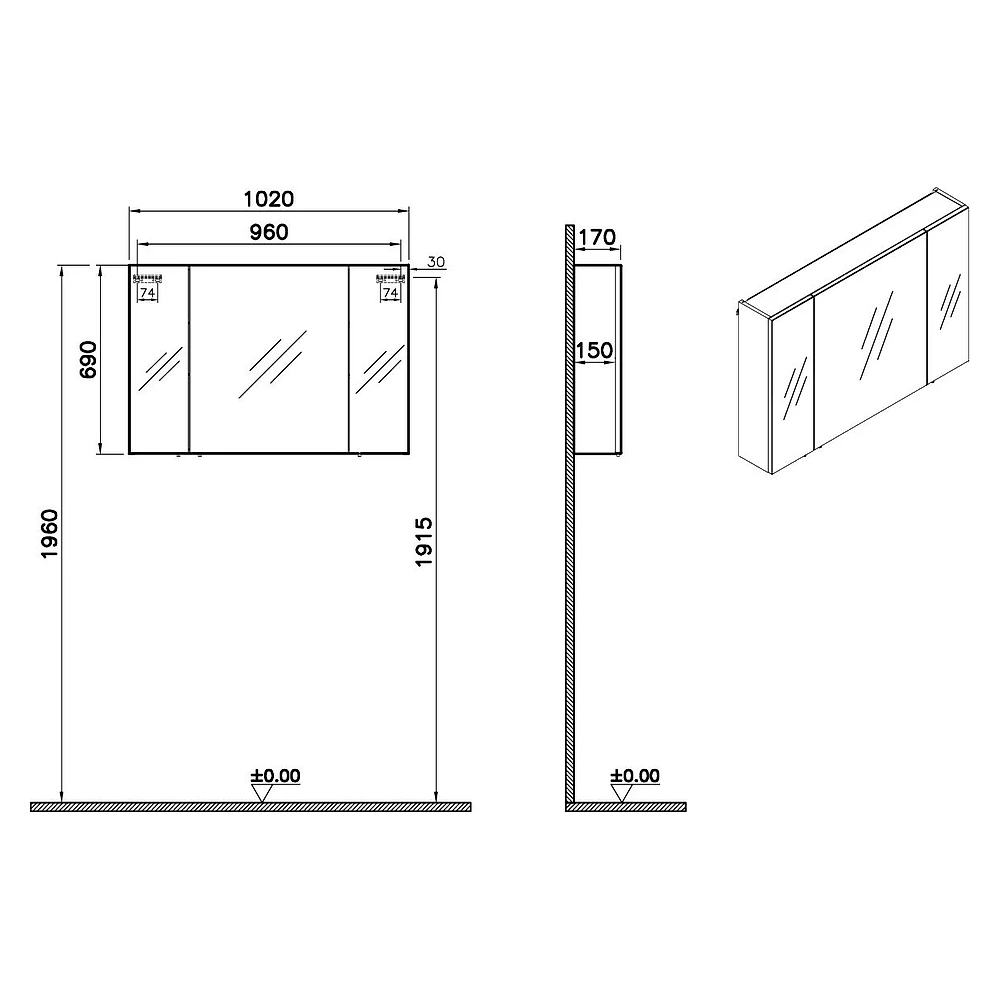 Vitra Mia Asimetrik 100 Cm Altın Meşe Üç Kapaklı Dolaplı Ayna 2
