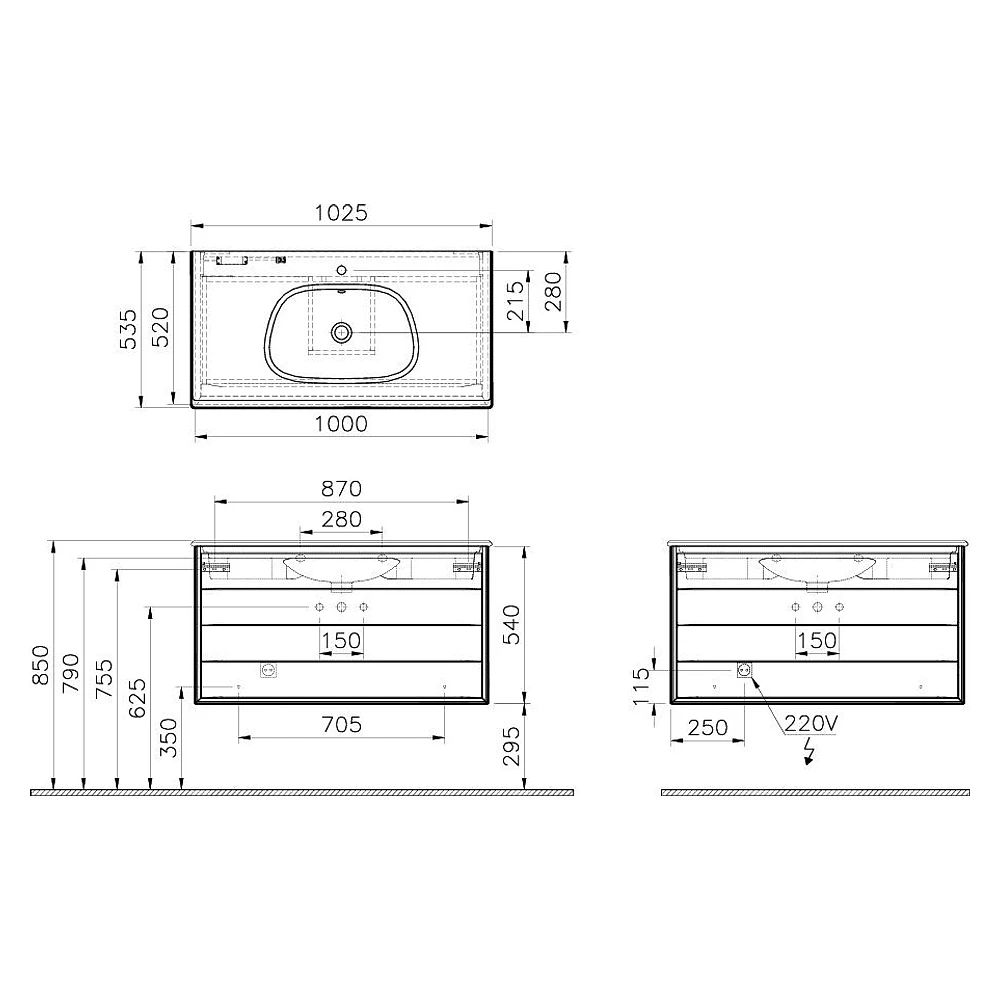 Vitra Frame 100 Cm Mat Soft Siyah Hareli Siyah Meşe İki Çekmeceli Lavabo Dolabı 2