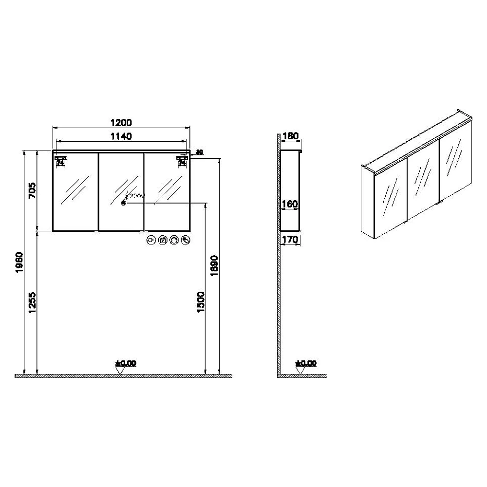 Vitra Metropole Edge 120 Cm Siyah Meşe Üç Kapaklı Aydınlatmalı Dolaplı Ayna 2