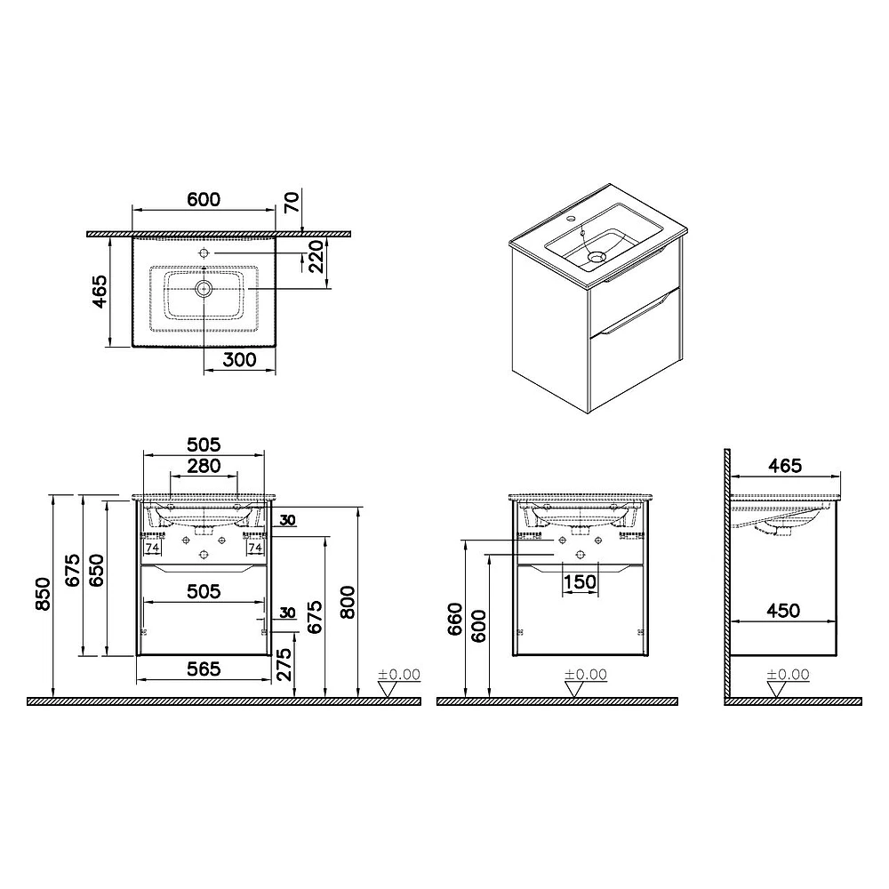 Vitra Integra Square 60 Cm Mat Beyaz İki Çekmeceli Lavabo Dolabı 2