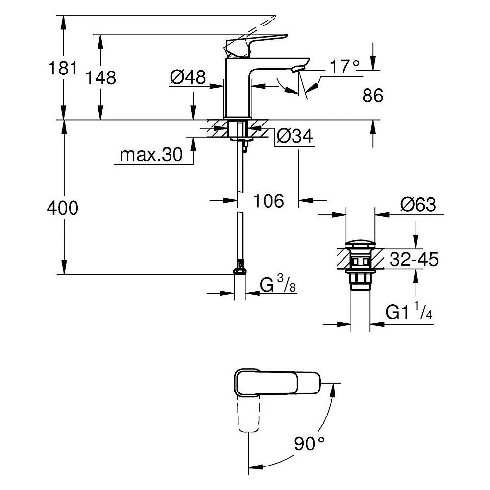 Grohe Cubeo Siyah Bas-Aç Süzgeç S Lavabo Bataryası 2