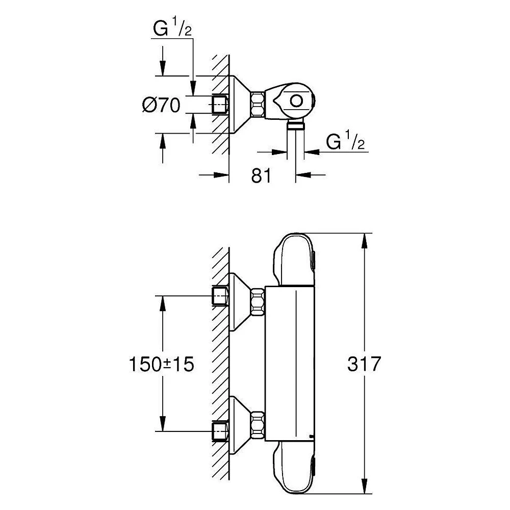 Grohe Grohtherm 1000 New Siyah Duvardan Termostatik Batarya 2