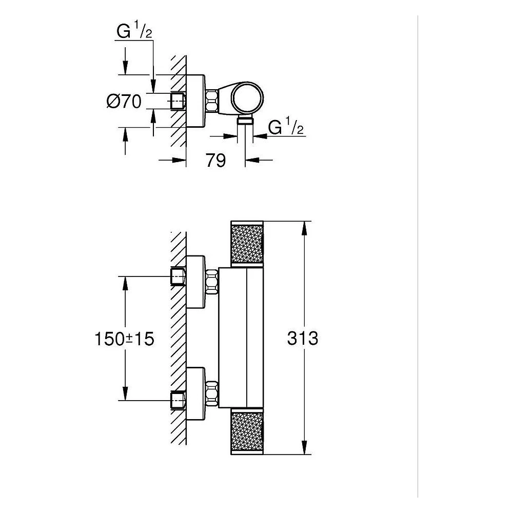 Grohe Grohtherm 1000 Performance Siyah Duvardan Termostatik Batarya 2
