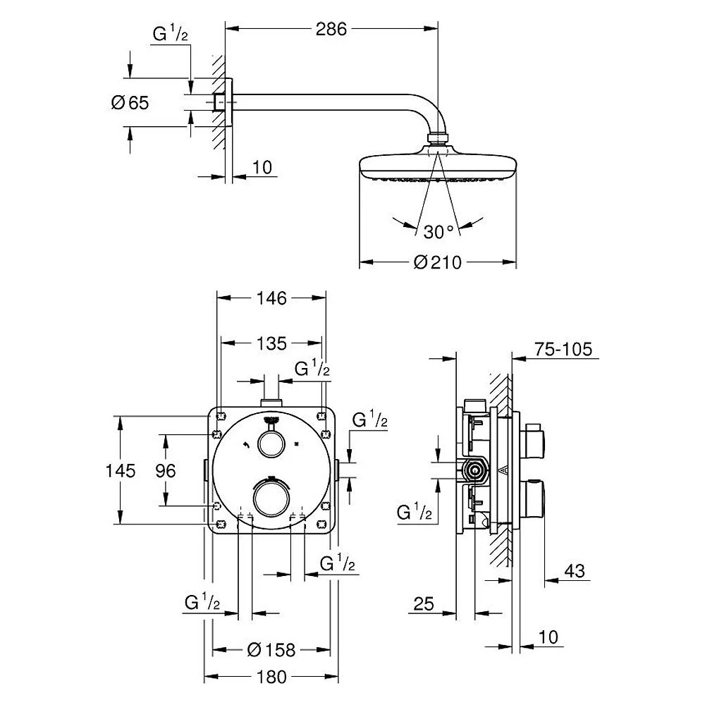 Grohe Grohtherm Convent. Concealed Krom Tempesta 210 Duvardan Duş Sistemi 2