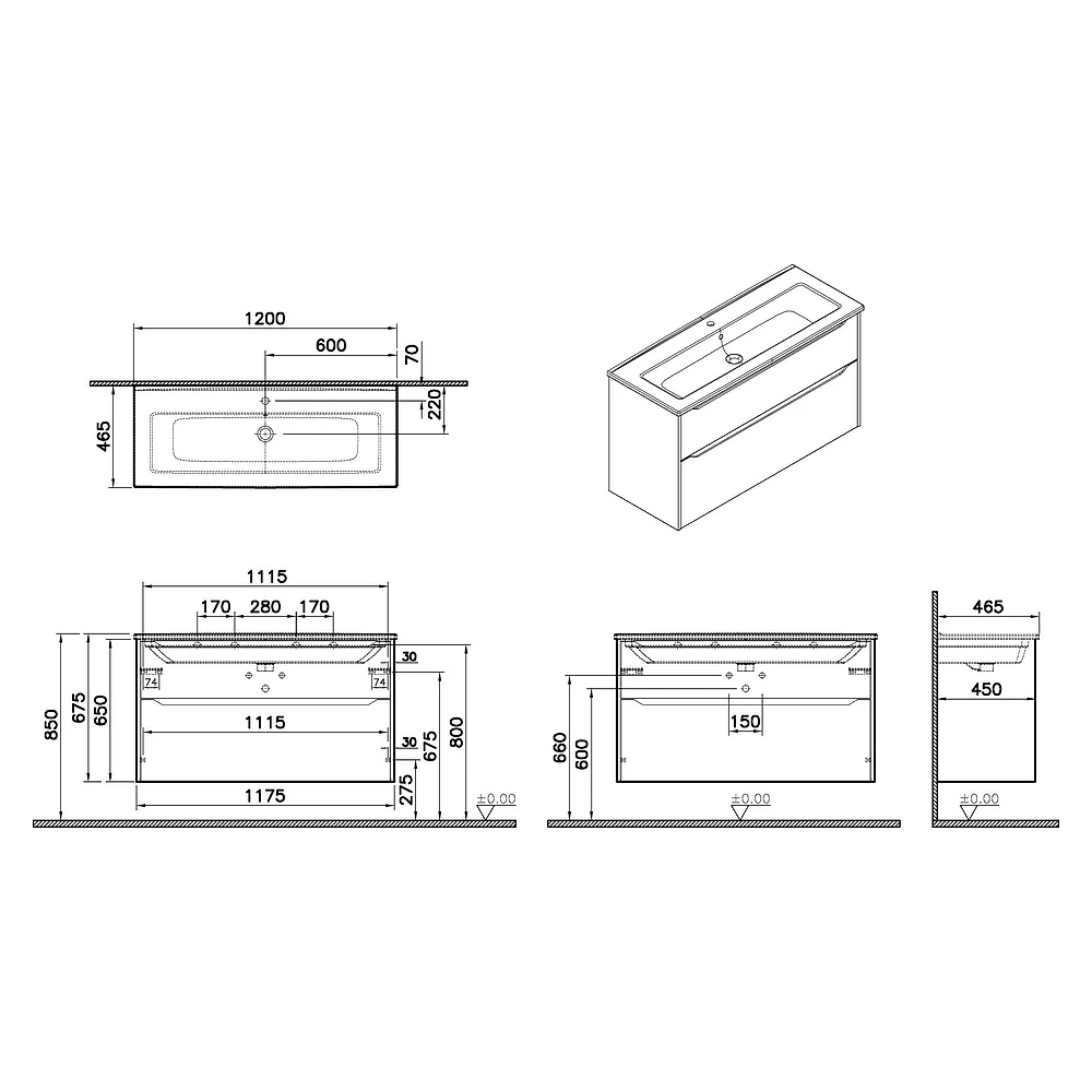 Vitra Integra Square 120 Cm Mat Grafit İki Çekmeceli Lavabo Dolabı 2