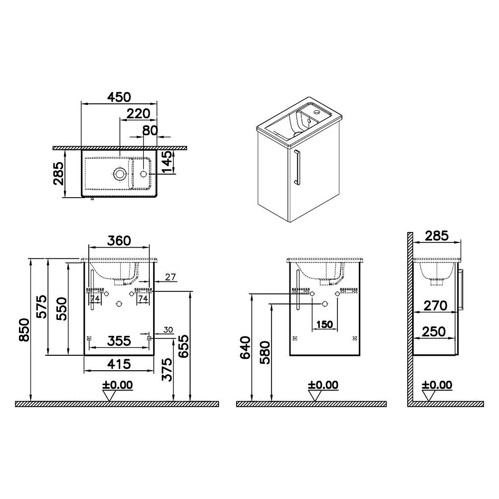 Vitra Root Flat 45 Cm Cordoba Dar Tek Kapaklı Sağ Lavabo Dolabı 2