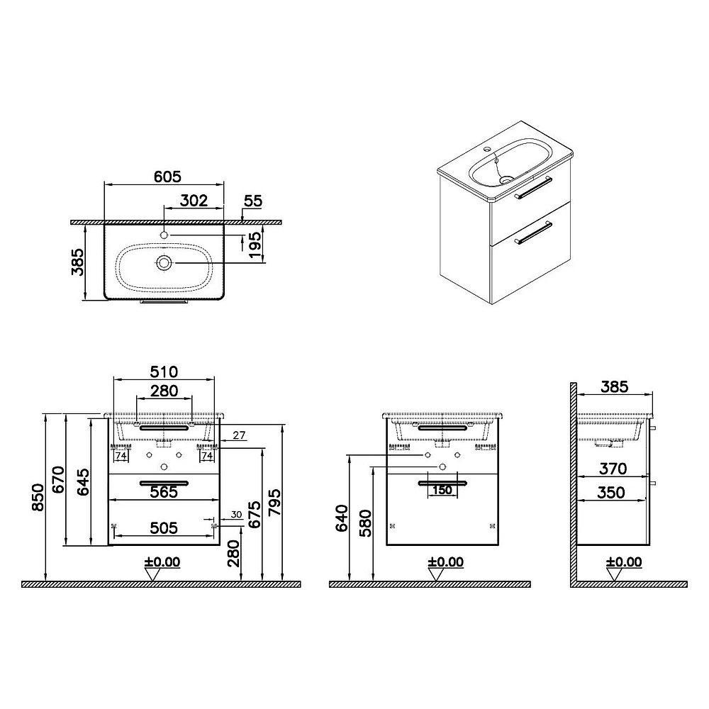 Vitra Root Flat 60 Cm Mat Kaya Gri İki Çekmeceli Yuvarlak Lavabolu Lavabo Dolabı 2