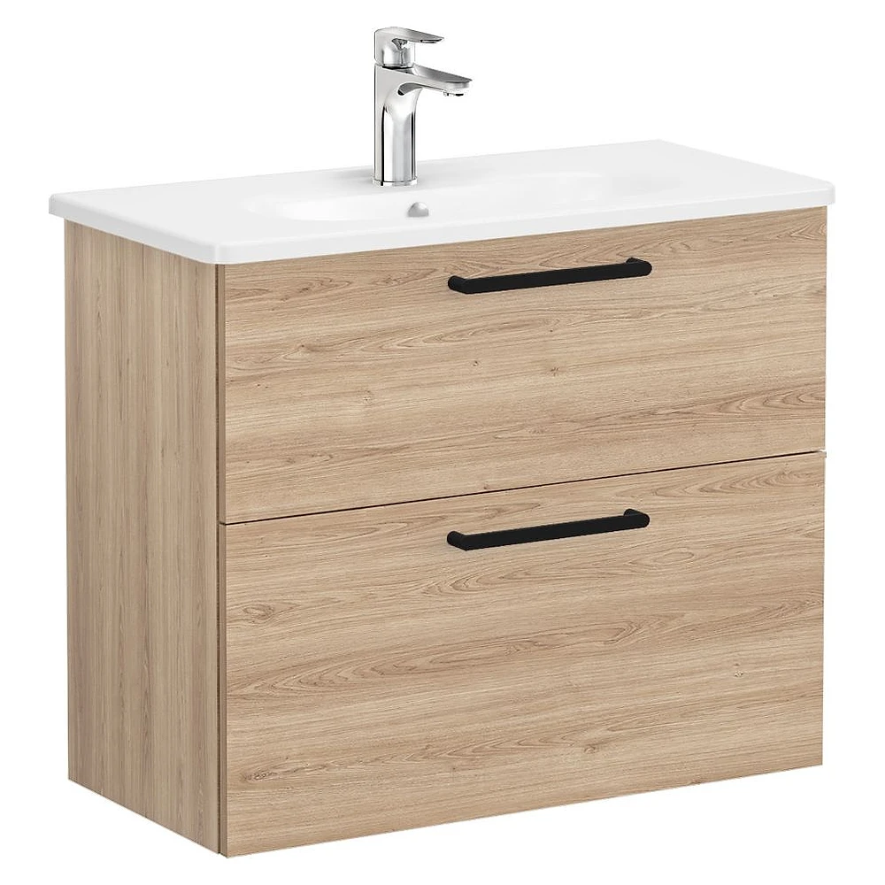 Vitra Root Flat 80 Cm Doğal Meşe İki Çekmeceli Yuvarlak Lavabolu Lavabo Dolabı