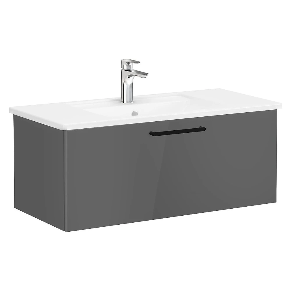 Vitra Root Flat 100 Cm Parlak Antrasit Tek Çekmeceli Köşeli Lavabolu Lavabo Dolabı