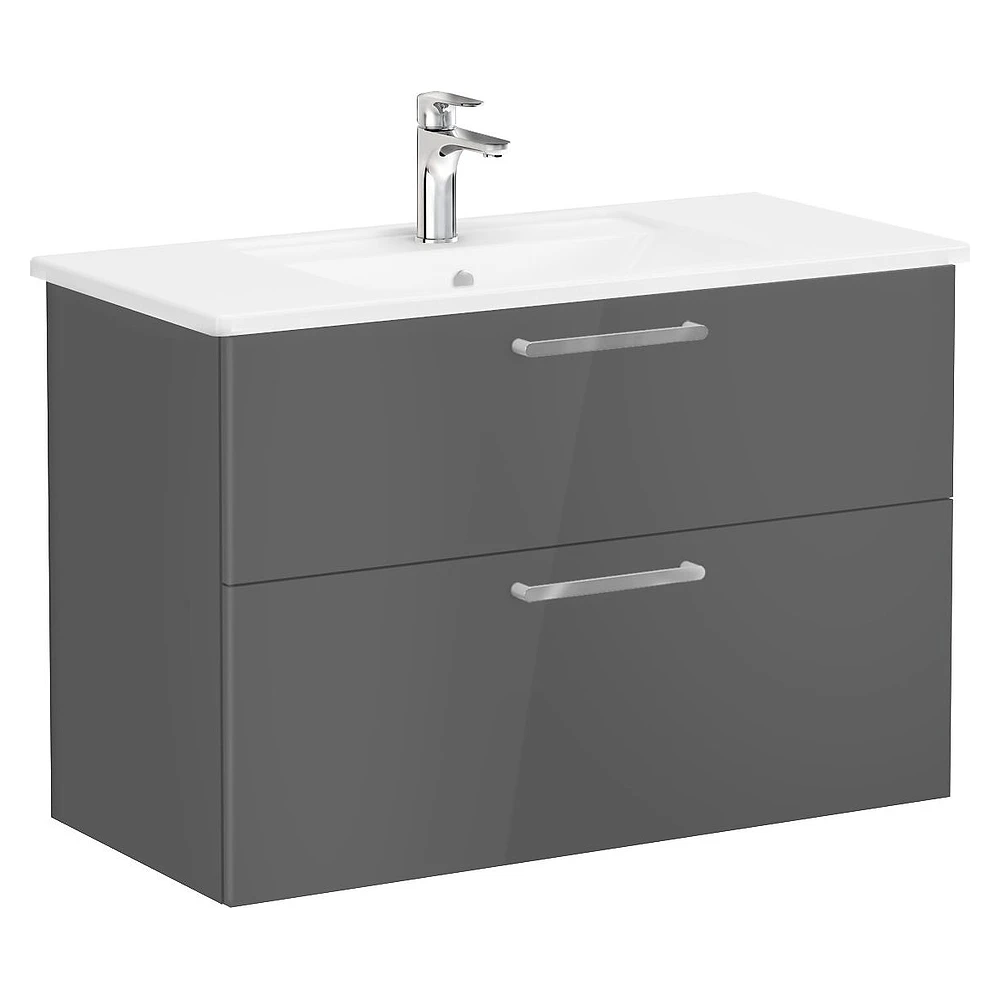 Vitra Root Flat 100 Cm Parlak Antrasit İki Çekmeceli Köşeli Lavabolu Lavabo Dolabı