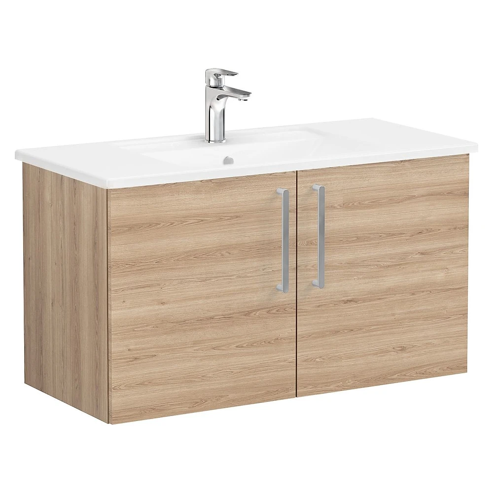 Vitra Root Flat 100 Cm Doğal Meşe İki Kapaklı Köşeli Lavabolu Lavabo Dolabı