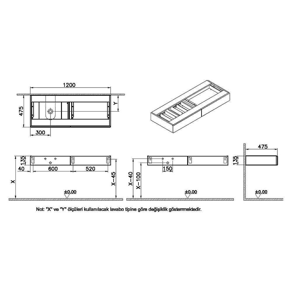 Vitra Origin 120 Cm Hareli Siyah Meşe İki Çekmeceli Sol Sifonlu Tezgah Ünitesi 2