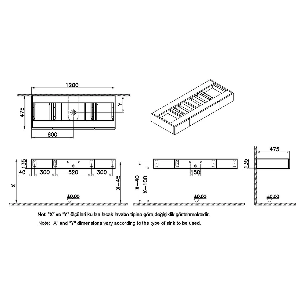 Vitra Origin 120 Cm Hareli Siyah Meşe İki Çekmeceli Orta Sifonlu Tezgah Ünitesi 2