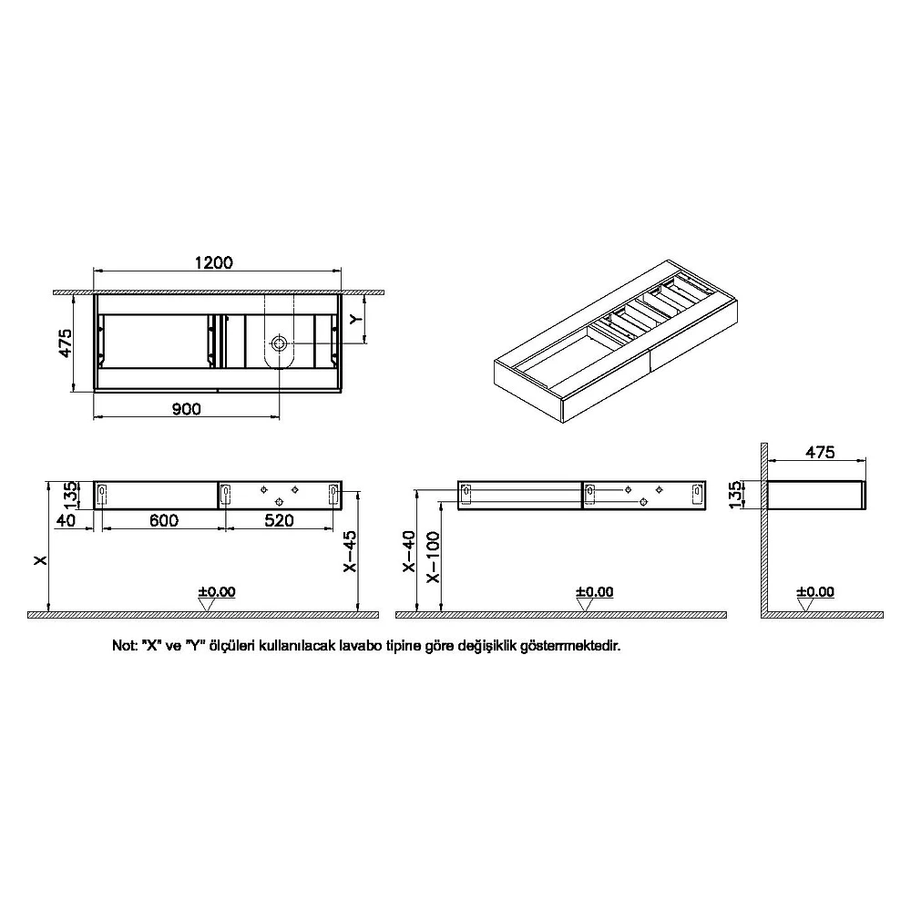 Vitra Origin 120 Cm Karaağaç İki Çekmeceli Sağ Sifonlu Tezgah Ünitesi 2