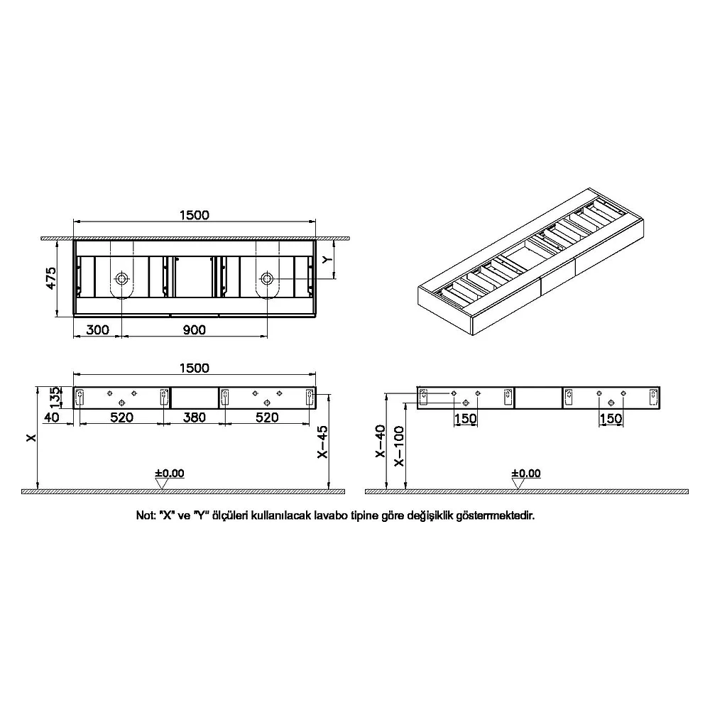 Vitra Origin 150 Cm Karaağaç Üç Çekmeceli Çift Sifonlu Tezgah Ünitesi 2