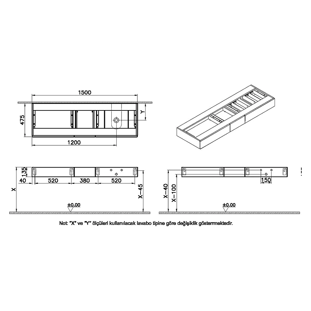 Vitra Origin 150 Cm Yatay Meşe Üç Çekmeceli Sağ Sifonlu Tezgah Ünitesi 2