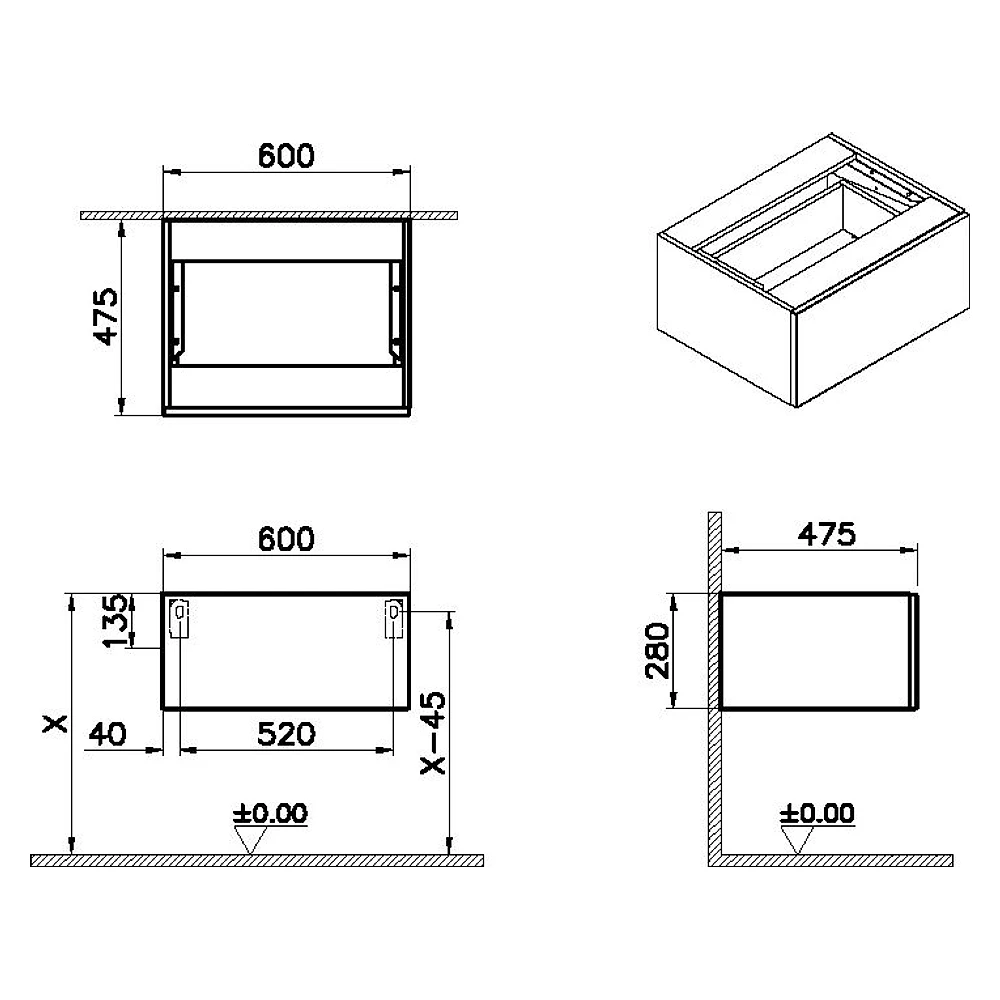 Vitra Origin 60 Cm Karaağaç Tek Çekmeceli Alt Ünite 2