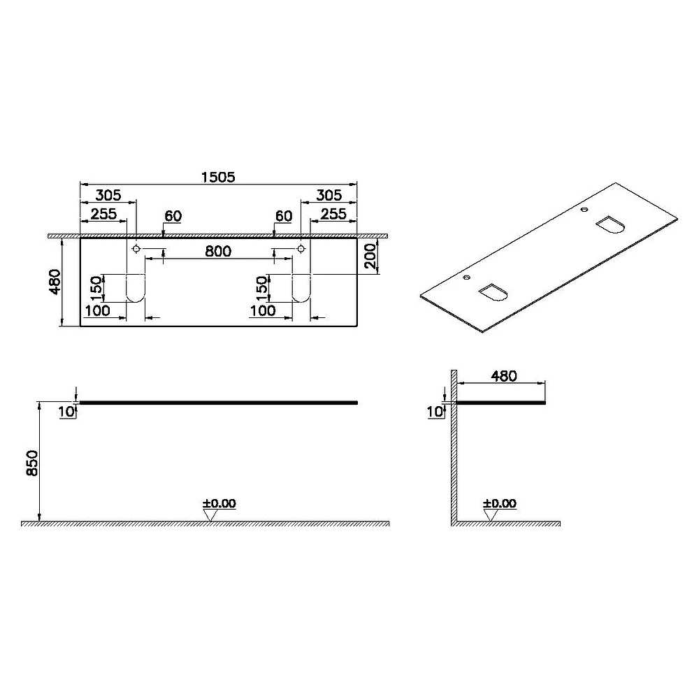 Vitra Origin 150 Cm Siyah Cam Armatür Delikli Çift Sifonlu Üst Tezgah 2
