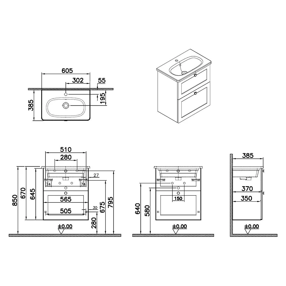 Vitra Root Classic 60 Cm Mat Açık Gri İki Çekmeceli Dar Yuvarlak Lavabolu Lavabo Dolabı 2