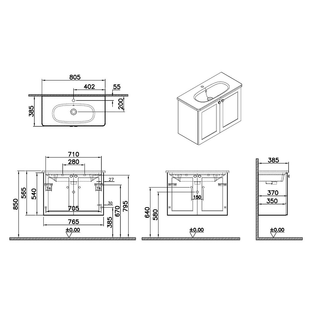 Vitra Root Classic 80 Cm Mat Grafit İki Kapaklı Dar Yuvarlak Lavabolu Lavabo Dolabı 2