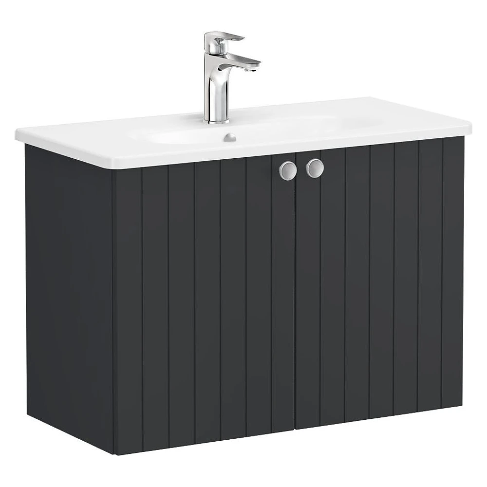 Vitra Root Groove 80 Cm Mat Grafit İki Kapaklı Dar Yuvarlak Lavabolu Lavabo Dolabı
